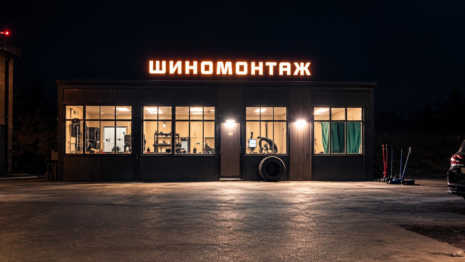 Ночной цех с вывеской Шиномонтаж