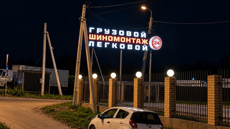 Дорожная вывеска: грузовой и легковой шиномонтаж 24